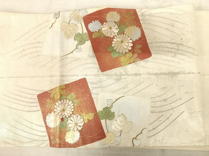 平和屋着物◎太鼓柄袋帯 駒刺繍 草花文 金銀彩 正絹 逸品 AAAU9886yx