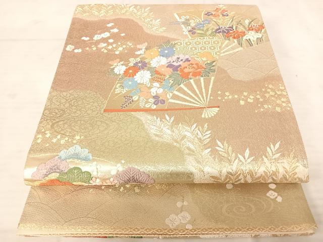平和屋着物◎六通柄袋帯 唐織 扇面花文 金糸 正絹 逸品 AAAU9981yx