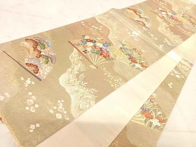 平和屋着物◎六通柄袋帯 唐織 扇面花文 金糸 正絹 逸品 AAAU9981yx