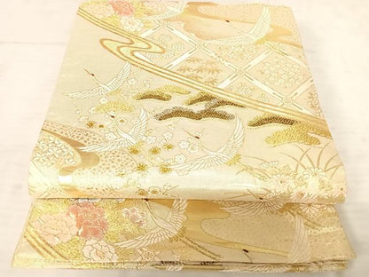 平和屋着物◎佐賀錦 六通柄袋帯 唐織 飛鶴花文 金糸 正絹 逸品 AAAU9987yx