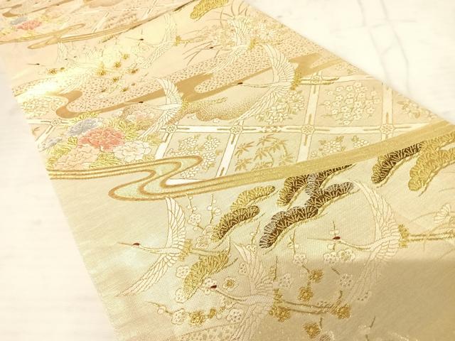 平和屋着物◎佐賀錦 六通柄袋帯 唐織 飛鶴花文 金糸 正絹 逸品 AAAU9987yx