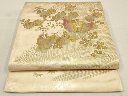 平和屋着物▼太鼓柄袋帯 花蝶文 金彩 引箔 正絹 逸品 AAAV0598wj