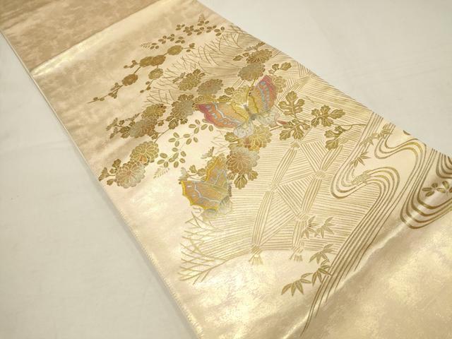 平和屋着物▼太鼓柄袋帯 花蝶文 金彩 引箔 正絹 逸品 AAAV0598wj