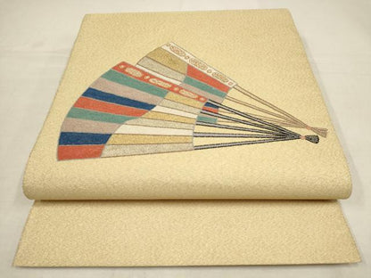 平和屋着物▼蘇州刺繍 袋帯 扇子 金糸 正絹 逸品 AAAV0628wj