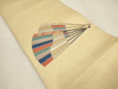 平和屋着物▼蘇州刺繍 袋帯 扇子 金糸 正絹 逸品 AAAV0628wj