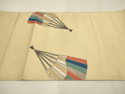 平和屋着物▼蘇州刺繍 袋帯 扇子 金糸 正絹 逸品 AAAV0628wj