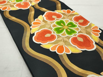 平和屋着物◎六通柄袋帯 唐織 正倉院花文 黒地 金糸 正絹 逸品 AAAV0951gw