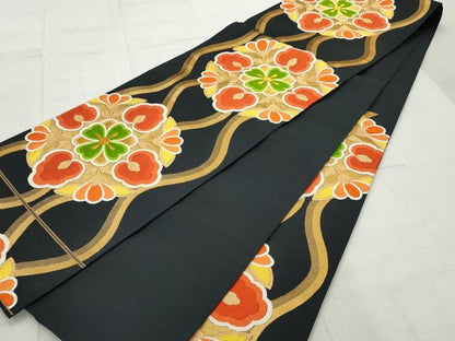 平和屋着物◎六通柄袋帯 唐織 正倉院花文 黒地 金糸 正絹 逸品 AAAV0951gw