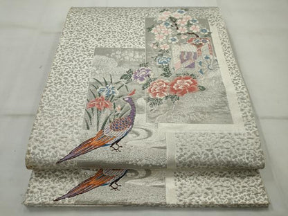 平和屋着物◎六通柄袋帯　唐織　孔雀花文　プラチナ箔　正絹　逸品　AAAV1173nf