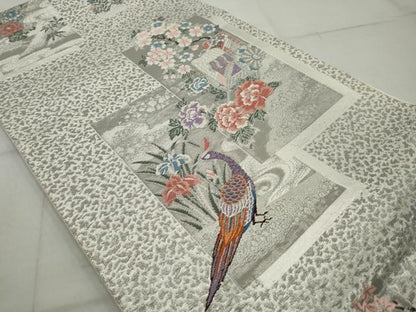 平和屋着物◎六通柄袋帯　唐織　孔雀花文　プラチナ箔　正絹　逸品　AAAV1173nf