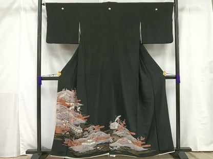 平和屋着物■豪華黒留袖　刺繍　風景文　金彩　正絹　逸品　AAAV1323mf