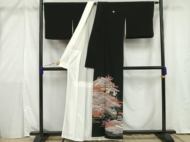 平和屋着物■豪華黒留袖　刺繍　風景文　金彩　正絹　逸品　AAAV1323mf