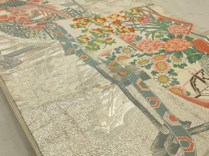 平和屋着物◎六通柄袋帯 唐織 孔雀花文 銀糸 正絹 逸品 AAAV1619ou