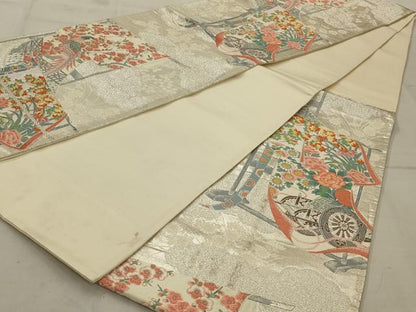 平和屋着物◎六通柄袋帯 唐織 孔雀花文 銀糸 正絹 逸品 AAAV1619ou