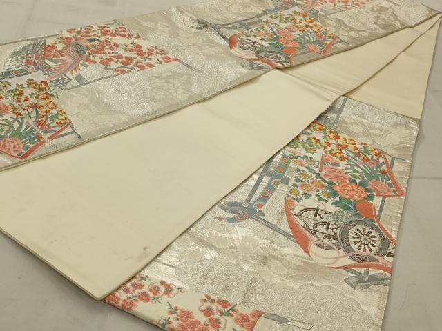 平和屋着物◎六通柄袋帯 唐織 孔雀花文 銀糸 正絹 逸品 AAAV1619ou
