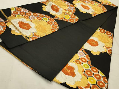 平和屋着物◎六通柄袋帯 唐織 亀甲花文 黒地 金糸 正絹 逸品 AAAV1624ou