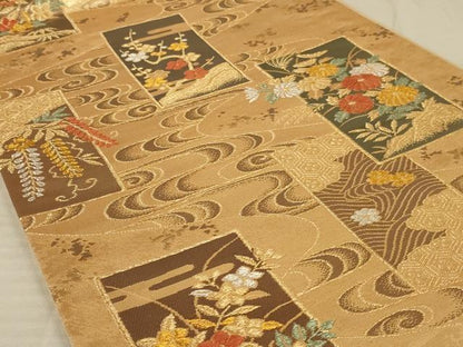 平和屋着物◎六通柄袋帯 唐織 短冊花文 金銀糸 正絹 逸品 AAAV1632ou