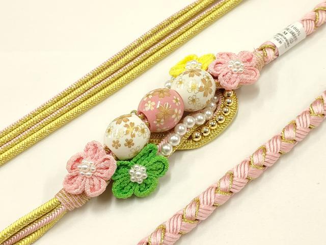 平和屋着物●和装小物　振袖用帯締め　装飾　飾り玉　つまみ細工　パール　金糸　撚り房　逸品　未使用　AAAV1657ay
