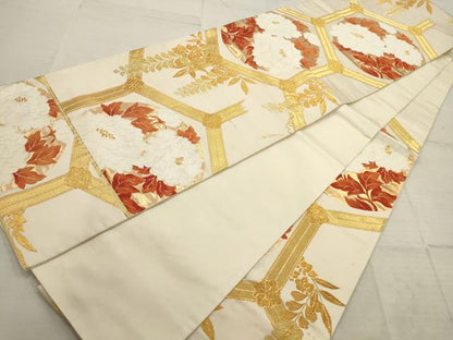 平和屋着物◎六通柄袋帯　唐織　亀甲華丸文　金糸　正絹　逸品　AAAV1816ru