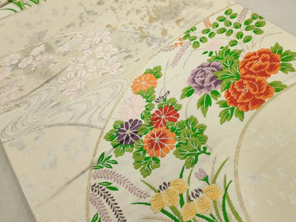 平和屋着物◎六通柄袋帯 唐織 地紙重ね草花文 金銀糸 正絹 逸品 AAAV1821ru