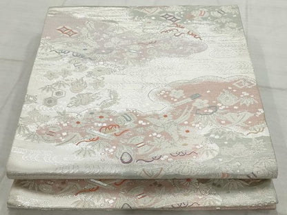 平和屋着物◎西陣　六通柄袋帯　唐織　宝尽くし花喰い鳥　銀糸　正絹　逸品　AAAV1830ru