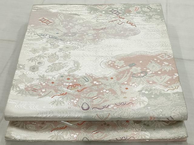 平和屋着物◎西陣　六通柄袋帯　唐織　宝尽くし花喰い鳥　銀糸　正絹　逸品　AAAV1830ru