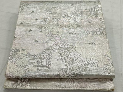 平和屋着物◎六通柄袋帯　唐織　扇面松草花文　銀糸　正絹　逸品　AAAV1836ru
