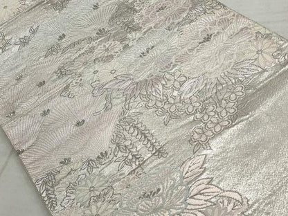 平和屋着物◎六通柄袋帯　唐織　扇面松草花文　銀糸　正絹　逸品　AAAV1836ru