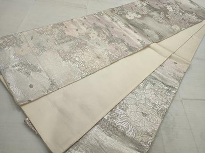 平和屋着物◎六通柄袋帯　唐織　扇面松草花文　銀糸　正絹　逸品　AAAV1836ru