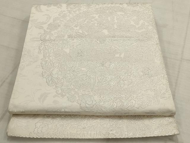 平和屋着物◎六通柄袋帯　孔雀草花丸文　銀糸　正絹　逸品　AAAV1845ru