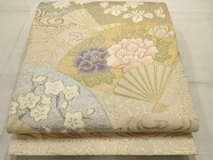 平和屋着物◎六通柄袋帯　刺繍　流水扇面草花文　プラチナ箔　金糸　正絹　逸品　AAAV1849ru
