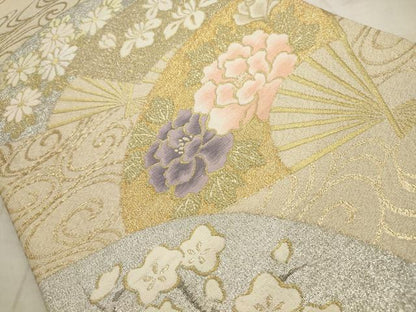 平和屋着物◎六通柄袋帯　刺繍　流水扇面草花文　プラチナ箔　金糸　正絹　逸品　AAAV1849ru