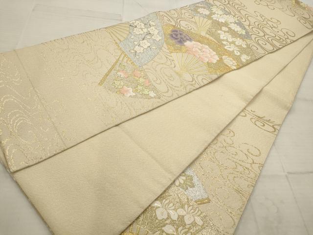 平和屋着物◎六通柄袋帯　刺繍　流水扇面草花文　プラチナ箔　金糸　正絹　逸品　AAAV1849ru