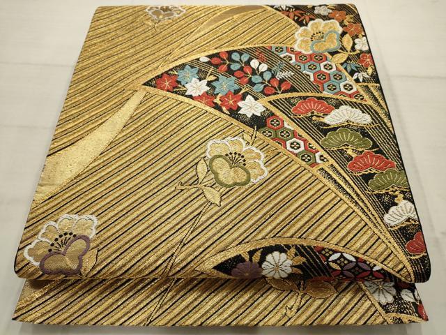 平和屋着物◎六通柄袋帯 唐織 斜縞草花文 金糸 正絹 逸品 AAAV1854ru