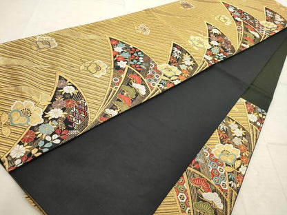 平和屋着物◎六通柄袋帯 唐織 斜縞草花文 金糸 正絹 逸品 AAAV1854ru