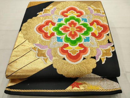 平和屋着物◎六通柄袋帯 唐織 正倉院花文 黒地 金銀糸 正絹 逸品 AAAV1886ru