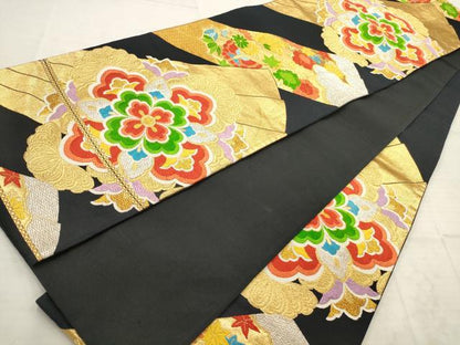 平和屋着物◎六通柄袋帯 唐織 正倉院花文 黒地 金銀糸 正絹 逸品 AAAV1886ru