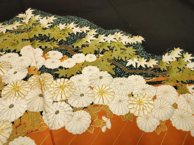 平和屋着物■豪華黒留袖 駒刺繍 渡橋草花文 金彩 正絹 逸品 AAAV2035jd