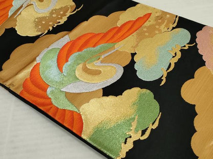 平和屋着物◎六通柄袋帯 唐織 飛鶴松文 黒地 金銀糸 正絹 逸品 AAAV2109nf