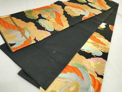 平和屋着物◎六通柄袋帯 唐織 飛鶴松文 黒地 金銀糸 正絹 逸品 AAAV2109nf