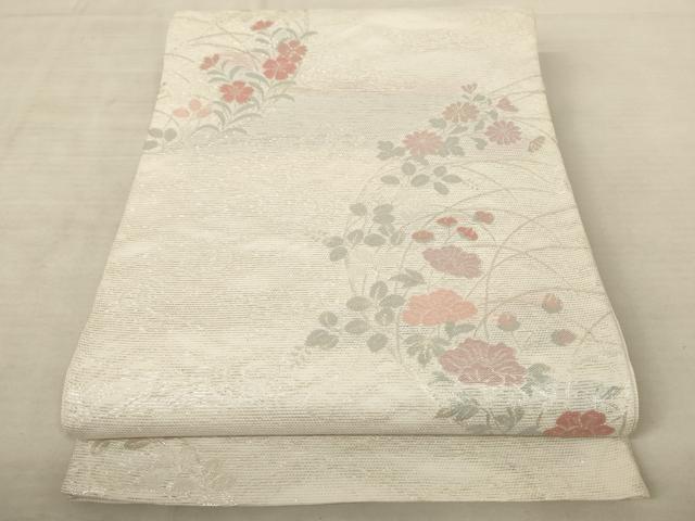 平和屋着物＊夏物 六通柄袋帯 流水草花文 銀糸 正絹 逸品 AAAV2327pf