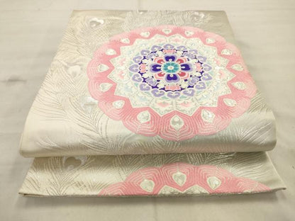平和屋着物◎六通柄袋帯 唐織 孔雀正倉院花文 銀糸 正絹 逸品 AAAV2424sw