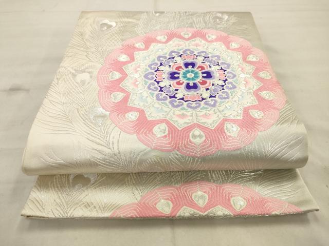平和屋着物◎六通柄袋帯 唐織 孔雀正倉院花文 銀糸 正絹 逸品 AAAV2424sw