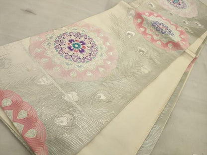 平和屋着物◎六通柄袋帯 唐織 孔雀正倉院花文 銀糸 正絹 逸品 AAAV2424sw
