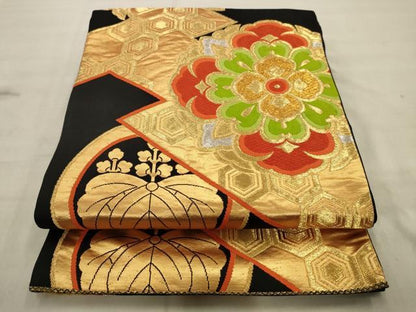 平和屋着物◎六通柄袋帯 唐織 正倉院花文 黒地 金銀糸 正絹 逸品 AAAV2429sw