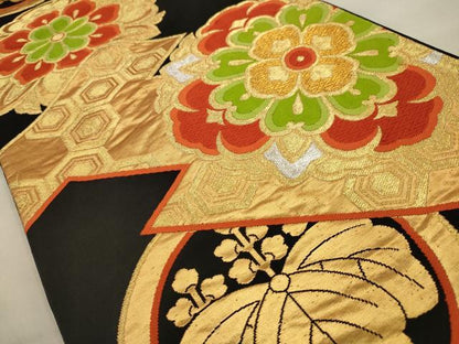 平和屋着物◎六通柄袋帯 唐織 正倉院花文 黒地 金銀糸 正絹 逸品 AAAV2429sw