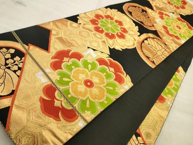平和屋着物◎六通柄袋帯 唐織 正倉院花文 黒地 金銀糸 正絹 逸品 AAAV2429sw