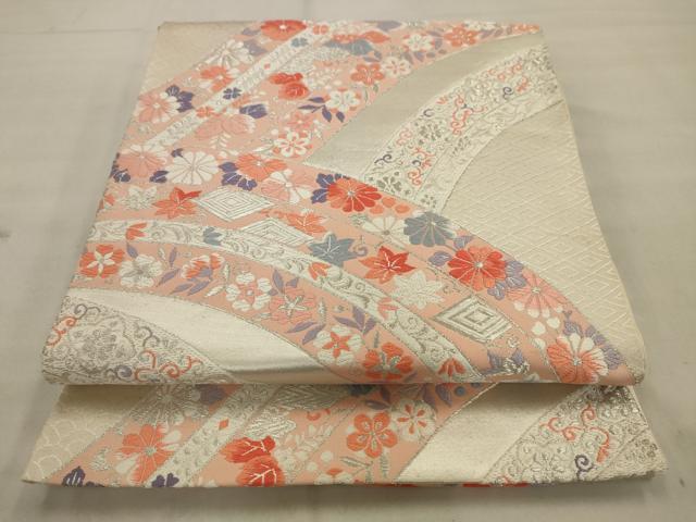 平和屋着物◎六通柄袋帯 唐織 熨斗目花文 銀糸 正絹 逸品 AAAV2430sw