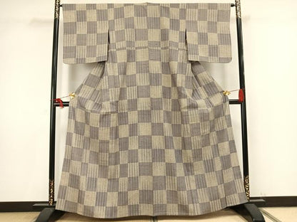 平和屋着物▽生紬 単衣 市松文様 正絹 逸品 AAAV2574fy