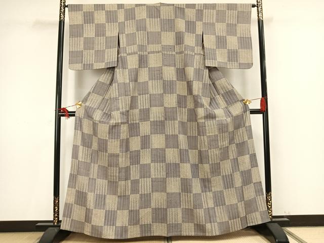 平和屋着物▽生紬 単衣 市松文様 正絹 逸品 AAAV2574fy